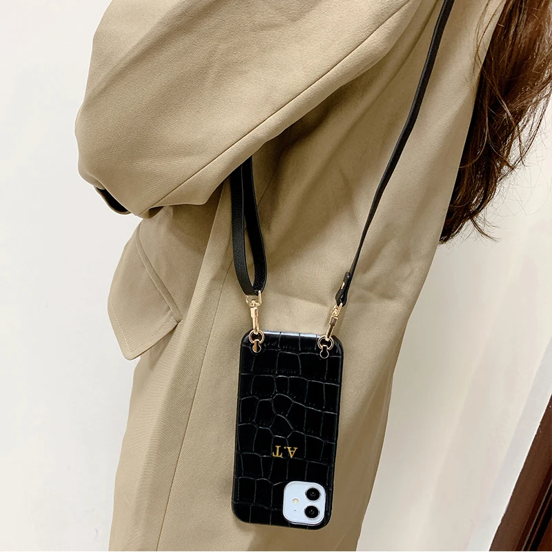 Custom Initial Name Crossbody Strap Cord Luxury Crocodile Leather Phone Case For iphone 11 12 13 Pro Max 7 8 Plus XR X XS Cover