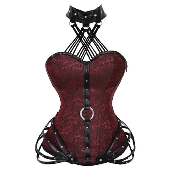 

Women Burlesque Corset Sexy Underbust Bustier Top Collar Corset Gothic Shapewear Waist Slim Halloween Zipper Steel Bone 2XL Red