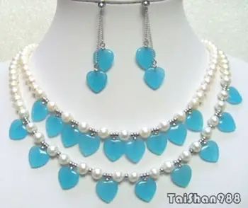 

Real White Pearl Sky-blue Jade Heart Clasp Pendant Necklace Earrings Set