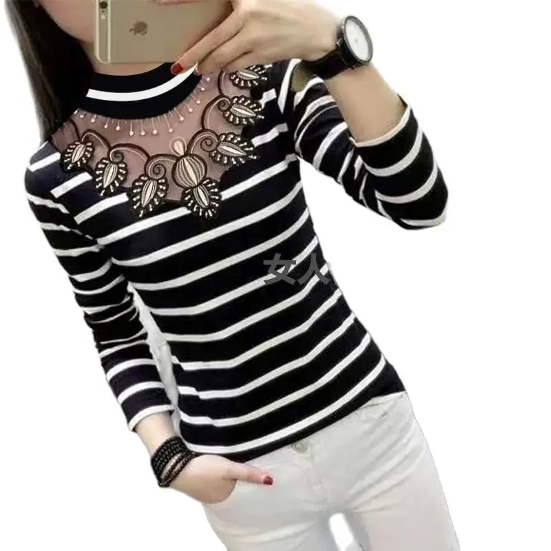 

New Spring Autumn Add Velvet Thickening Lace Hollow Out Stripe Slim Base Shirt Long Sleeve Ladies' Tops T-ShirtBottoming Shirt