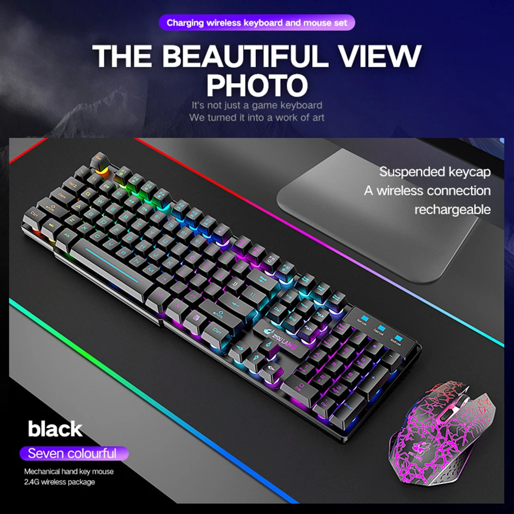 Wireless Rechargeable Colorful Light Gaming Keyboard Mouse Set for Laptops Keyboards Combos 3000mAh 800 1600 2400 DPI