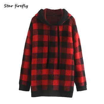 

Star firefly fashionable Za sweatshirt women's autumn 2019 loose red large size checked hooded sweatshirt female