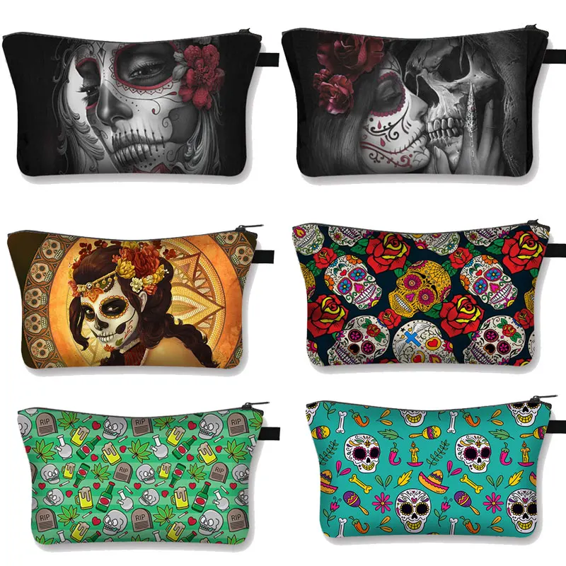 Bolso de viaje para cosméticos con cremallera para hombre y mujer, organizador de maquillaje con estampado de calavera y esqueleto, a la moda