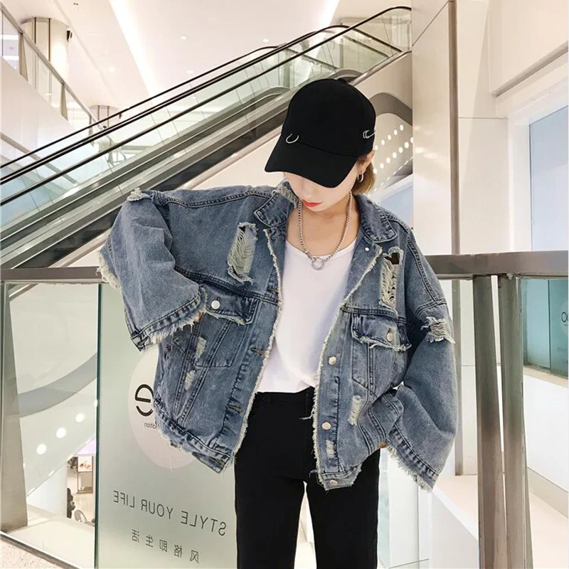 Harajuku стиль выдалбливают потертые отверстие джинсовая куртка для женщин новая уличная мода женщин s весна размера плюс джинсовая куртка Feminino