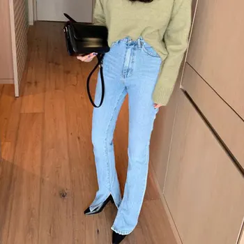 

Vintage Flare Jeans Blue High Waist Button Split Floor-length Women Denim Jeans Fashion Female Denim Pant Spring 2020