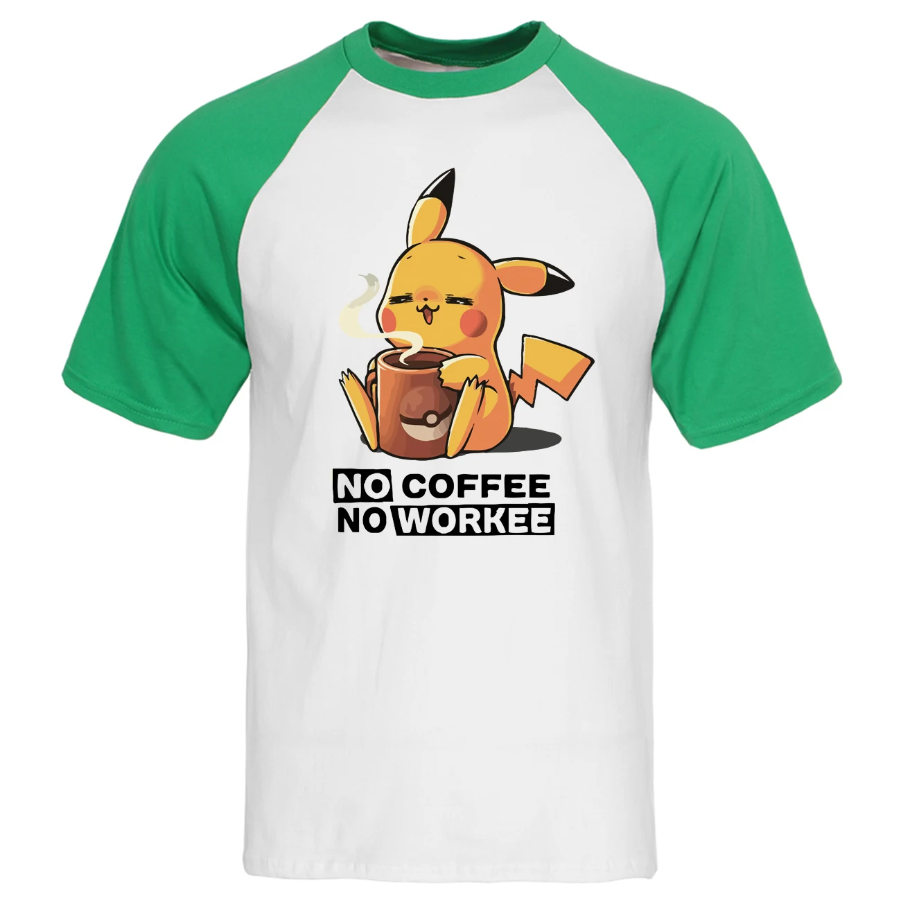 Pikachu No coffee No Workee, Мужская Футболка реглан, Kawaii, летние топы из хлопка с коротким рукавом, свободные милые футболки с японским аниме