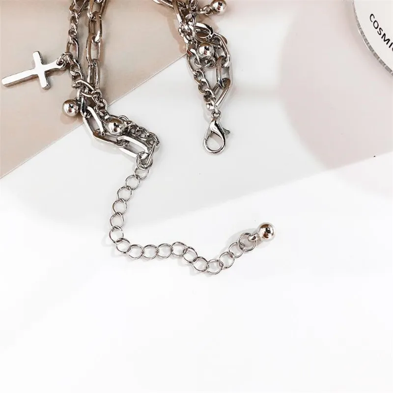 1pcs Classic Stainless Steel Double-layer Chain Bracelet Girl Women Personality Temperament Cross Ornaments Accessories