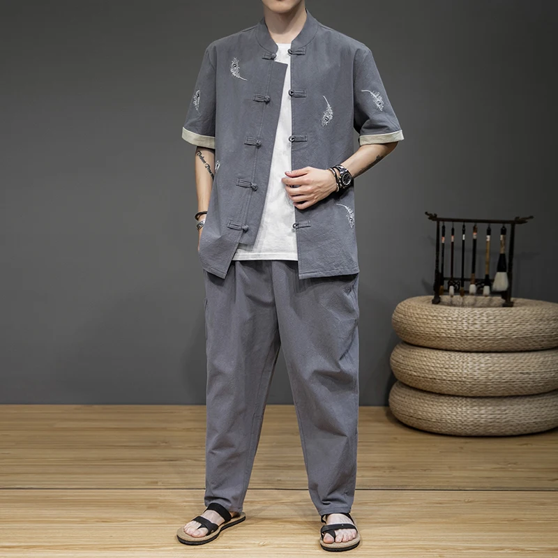 Male Two Piece Set Chinese Style Mens Tops Tang Suit Linen Short Sleeve Traditional Kung Fu China Hanfu Shirt +Pants | Мужская одежда