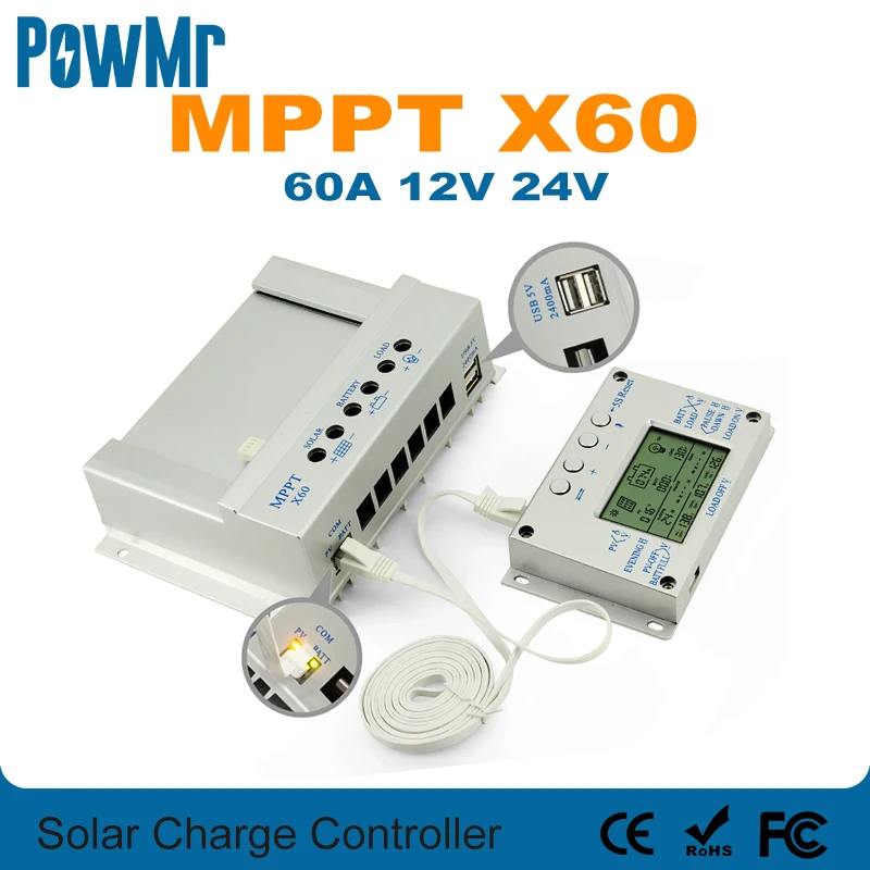 US $74.89 YSOLAR Solar Charge Controller 60A with 2m Remote Control LCD Display 12V 24V Auto Solar Charger Regulator Dual 5V USB Output