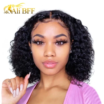 

ALI BFF Water Wave Lace Front Human Hair Wigs For Women Natural Black 13x4 Deep Short Bob Wig Remy Brazilian free part wigs