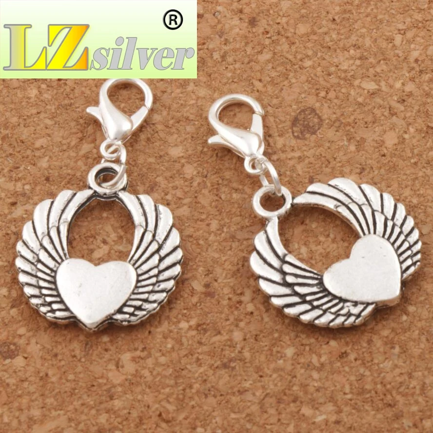 Flying Angel Wing Heart Lobster Claw Clasp Charm Beads 35.6x19.3mm 100pcs Zinc Alloy Jewelry DIY C217