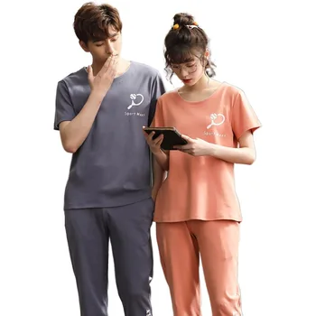 

Couple's Pajamas Women's Summer Thin Cotton Home Short-Sleeved Pants Sports Casual Men's Homewear Set Spring and Autumn