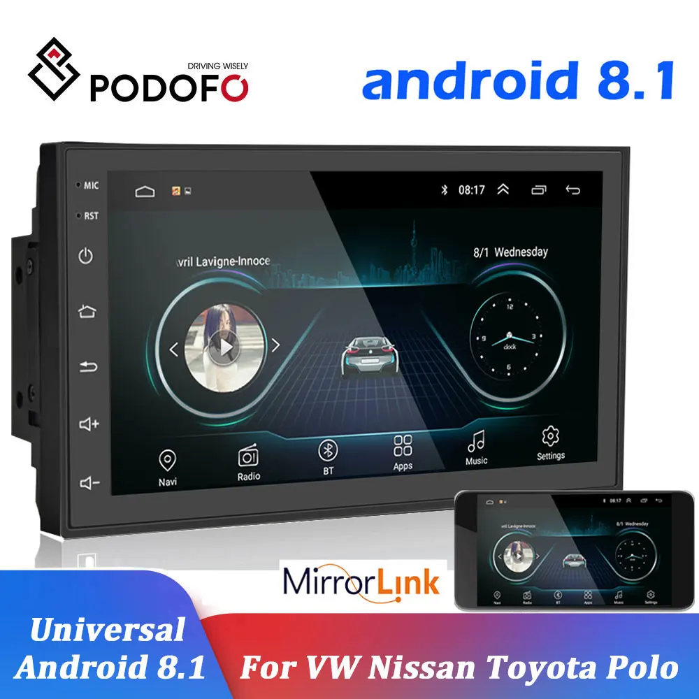 Podofo 2 din Auto Radio GPS Android 8.1 Multimedia Player Universal 7