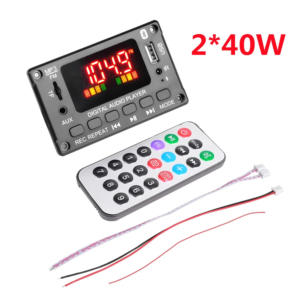 2*40W Amplifier MP3 Decoder Board 7V-26V Bluetooth 5.0 Car MP3 Player USB Recording Module FM AUX Radio For Speaker Hands-free