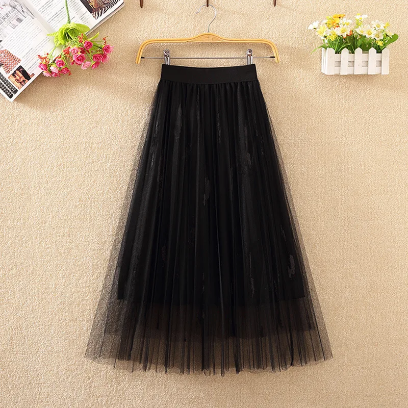 

2019 Spring And Summer New Style High-waisted Slimming Sequin Pleated Skirt Double Layer Gauze Skirt Ultra-Versatile Long Skirts