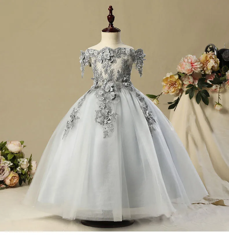 Pink Appliques Girls Christmas Dress embroidery Elegant Party Dress Off Shoulder Kid Wedding Dresses for Girl Princess Tutu Gown