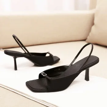 

Black Ladies Sandals Zapatos Mujer 2020 Narrow Band Summer Shoes Woman New Thin Heels Buty Damskie Square Toe Pumps Women Shoes