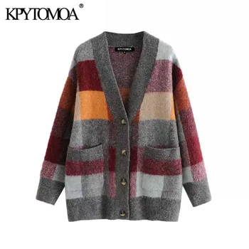 

KPYTOMOA Women 2020 Vintage Fashion Oversized Checked Knitted Cardigan Sweater Long Sleeve Pockets Female Outerwear Chic Tops