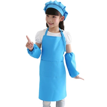 

Kids Full Apron Bib Set with Pocket and Hat Sleeves Craft Kitchen Chef Cooking Art Children Diy Apparel Blue