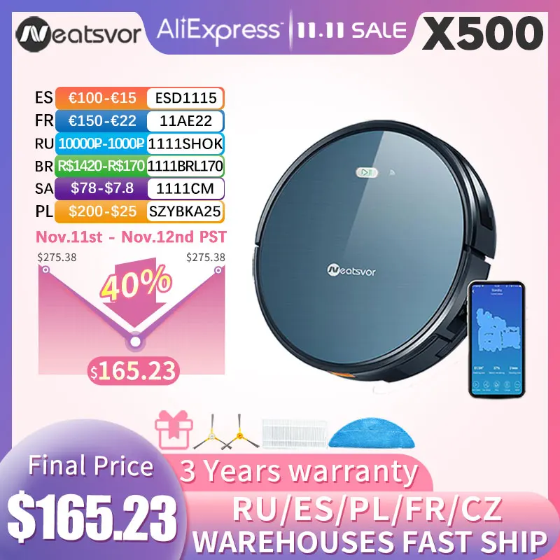Neatsvor X500 Robot Vacuum Cleaner Smart MappingApp & Voice ControlDry sweepWet Mopping 3in1 Pet Hair Home Auto Charge Vacuum