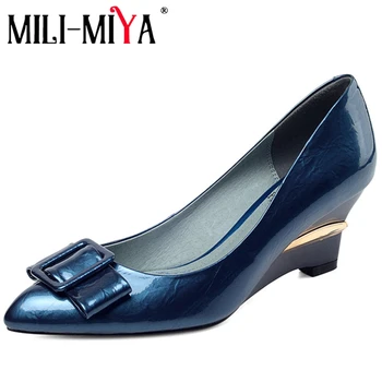 

MILI-MIYA New Design Women Pumps Patent/Cow Leather Pointed Toe Wedges Heels Butterfly-Knot Career Spring/Autumn Shoes For Lady