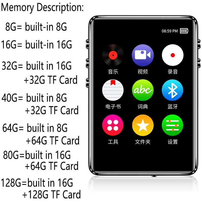 2.4inch full touch screen Bluetooth 5.0 mp4 player built-in speaker with e-book FM radio voice recorder video playback,mp4 player