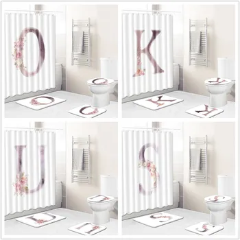 

O-Z Alphabet Letters Pattern Bathroom Waterproof Shower Curtain Set Pedestal Rug Lid Carpet Toilet Cover Bath Mat Set