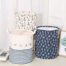 Zakka Home Laundry Debris Storage Mediterranean Boat Anchor-Cotton Linen Storage Bucket Drawstring Top Laundry Basket