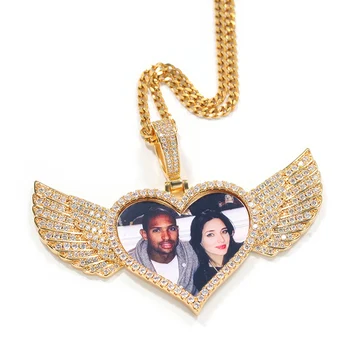 

Hip Hop Bling Iced Out Photo Frame Memory Medallions Angel Wing Heart Shape CZ Pendants Necklace for Men Women Lovers Jewelry