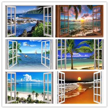 

Diamond Painting Full Round 5D DIY Set Embroidery Scenery Outside The Window Cross-Stitch Kit Decor Gifts Craft Art