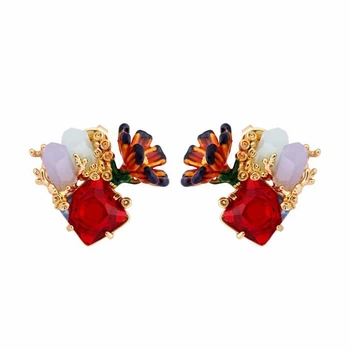 

Cute Red Crystal Enamel Small Stud Earrings for Women Ethnic Gold Plated Flower Plant Piercings Earrings Fashion Jewelry EH055