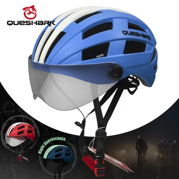 

QUESHARK Professional Cycling Helmet with Goggles Big Size 58-64cm MTB Bike Transparent Lens Luminous Strip Helmet Safely Cap