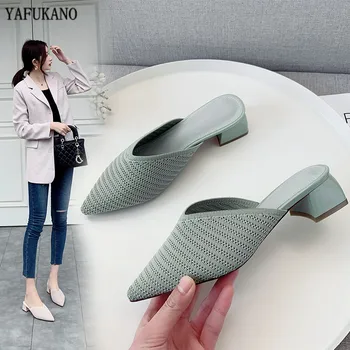 

2020 Summer Knitting Women Slipper 3 Cm Low Heel Slides Female Pointed Toe Square Heel Sandal Vacation Flip Flops mujer Shoes