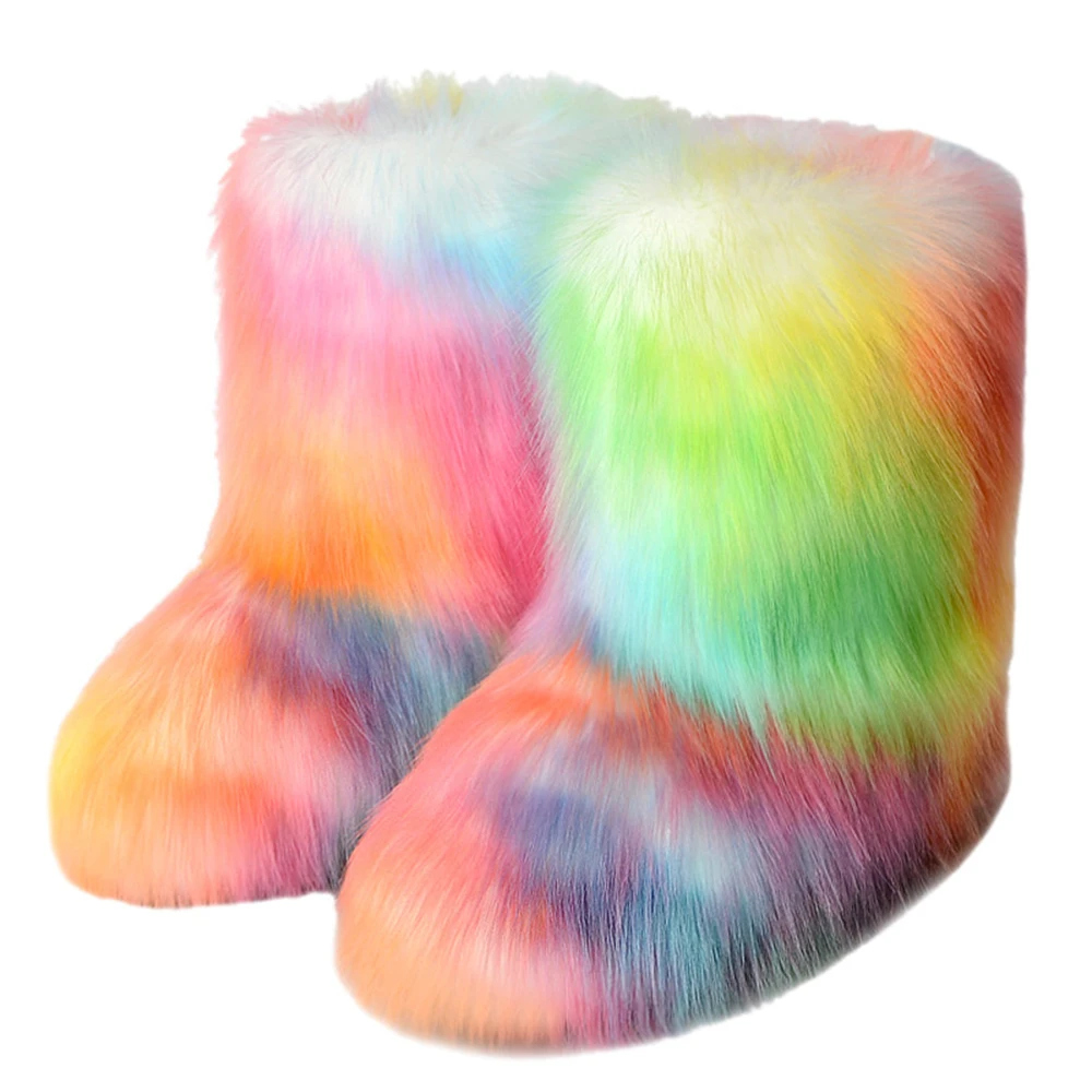 Women Rainbow Color Snow Boots Luxury Faux Fur Design Botas For Female Round Toe Short Booties Lady Soft Winter Warm Shoes 2021