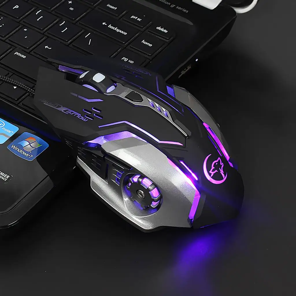Computer Mechanical Mouse Standard Wired Mice Golden USB Port with 6 Buttons, for Gaming Office, Colorful LED RGB Backlit
