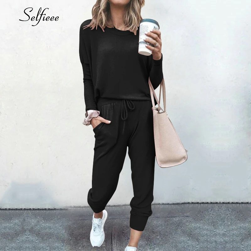 Casual Women 2 Piece Set Women's Sweat Suit Solid Color O-Neck Long Sleeve Drawstring Autumn Winter Stripe Shirt 2020 |