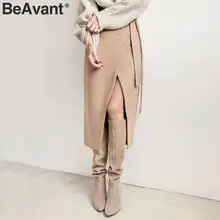 BeAvant замшевая кожаная юбка миди Женская Повседневная Уличная Офисная Женская длинная юбка осень зима Высокая талия Женская юбка с разрезом