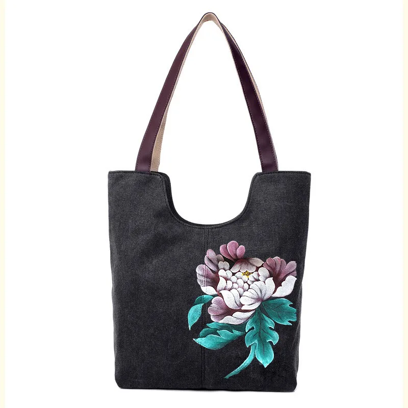 

Ougger Handbag Women Shoulder Bags Large Black Canvas High Quality Chinese Style with Flowers Large Capacity Bag for Business