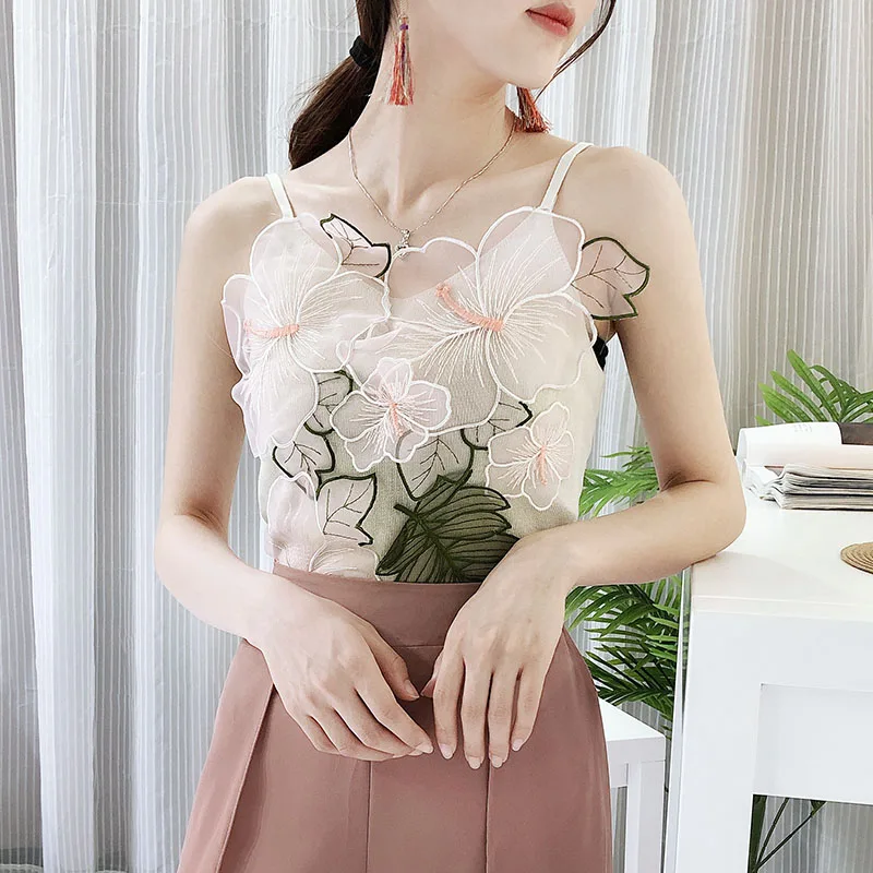 Sling Top Women Halter V Neck Basic White Cami Sleeveless applique Tops Women'S Summer Camisole
