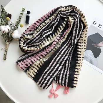 

2020 scarf summer new super beach towel scarf national wind geometry contrast color cotton shawl scarf dual-use