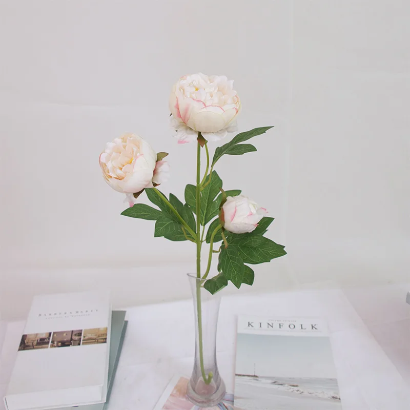 90 см искусственные цветы ветка искусственные розы из шелка пионы поддельные цветы три головы пионы романтическое свадебное украшение для дома цветы дождь поле - Цвет: champagne