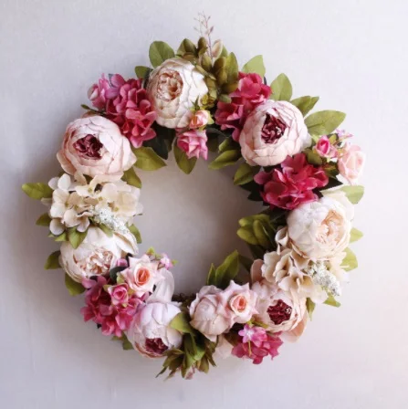 

White Peony Wreath Christmas Wreath Door Wall Hanging Ornament Rattan Round Garland Decoration Artificial Flower Fake Flower