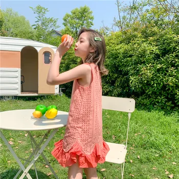 

Hollow Fishtail Dress Kids Girl 8 10 12 years Sleeveless Summer 2020 Orange Color Cotton Princess Girls Outfit