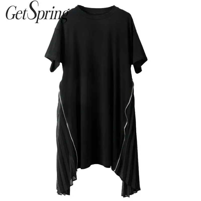 

GETSPRING Women Dress Chiffon Patchwork Irregular Dresses Black Asymmetry Loose Vintage Summer Dresses Women 2019 New Fashion