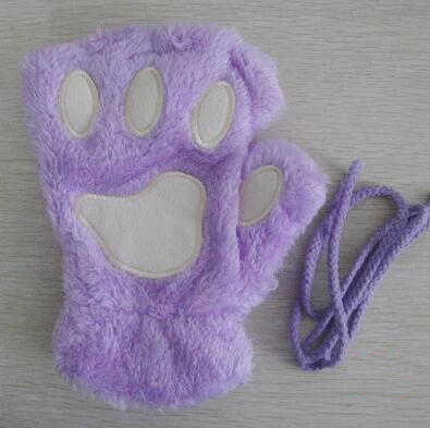 Women Cute Cat Claw Paw Plush Mittens Warm Soft Plush Short Fingerless Fluffy Bear Cat Gloves Costume Half Finger Black Beige