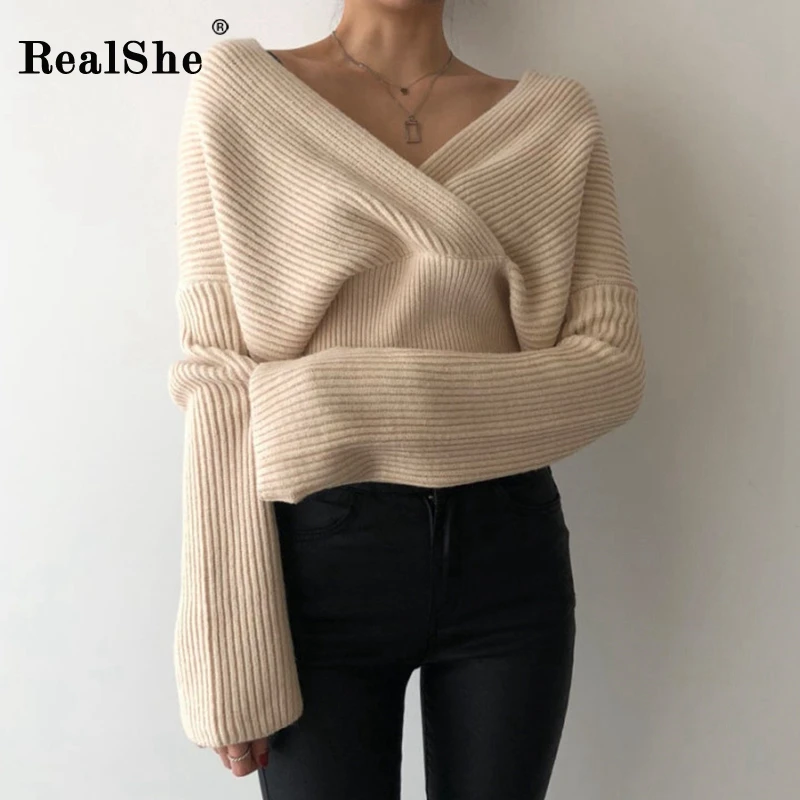 RealShe кашемировый женский свитер с v-образным вырезом длинный рукав Однотонный