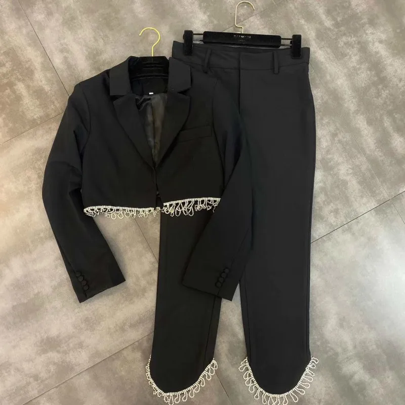 

DEAT 2020 Spring Long Sleeve Turn Down Collar Rhinestone Tassel Shrot Coat Black Long Pants Women Two Piece Set Tracksuit MH735