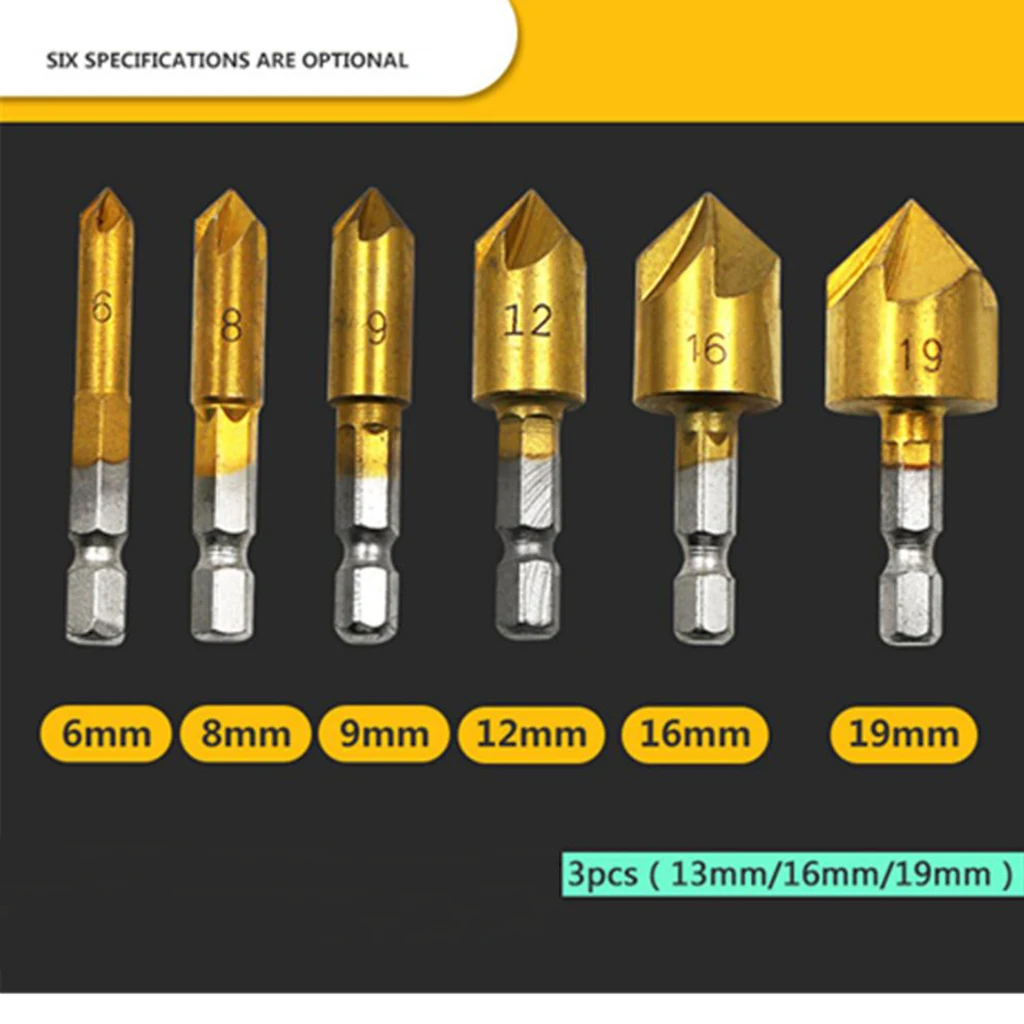 6pcs Woodworking Chamfering Device Countersink Drill Bit Bore Kit Hex 6/8/9/12/16/19mm