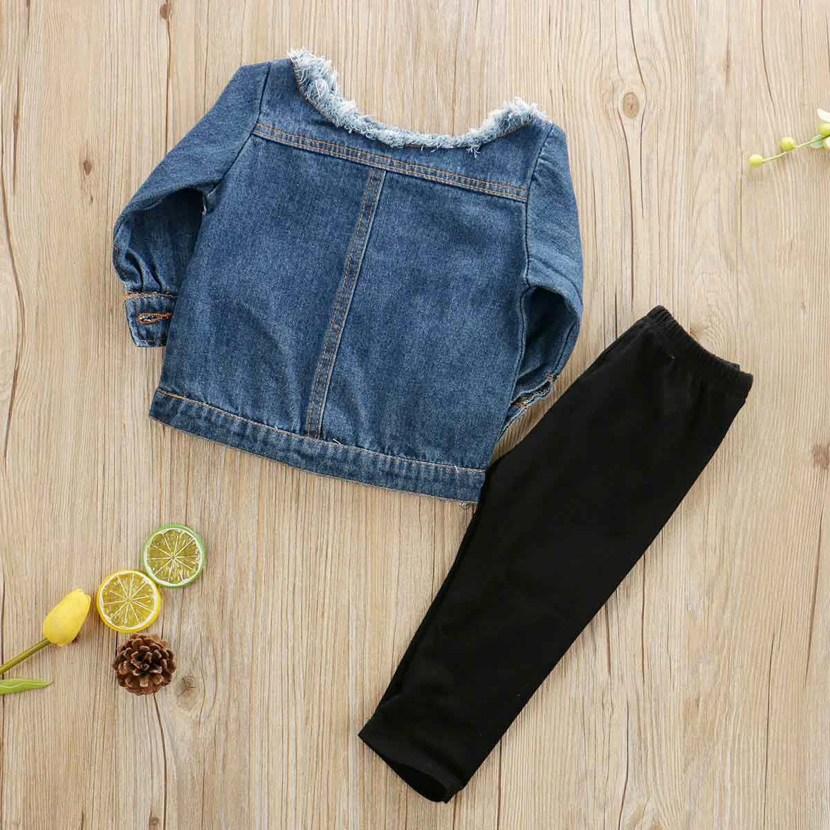 Imcute/Коллекция года, популярные детские комплекты для маленьких девочек, джинсовые топы с открытыми плечами+ штаны с прорезями комплект осенней одежды, От 1 до 6 лет