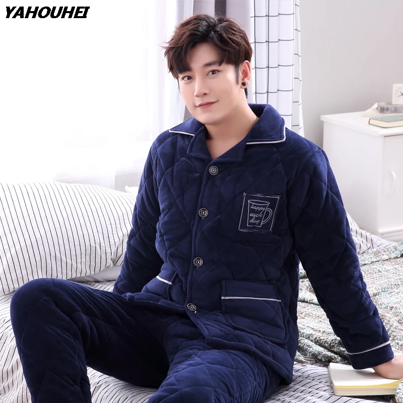 

2019 Winter Couples Thick Warm Cotton Pajamas Sets for Women Long Sleeve Cardigan Sleepwear Pyjamas Men Lounge Homewear Clothing